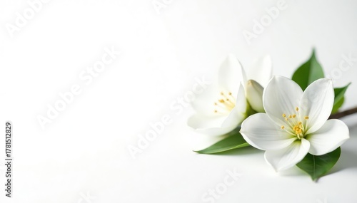 Delicate white flower blossoms against pure white background, bloom, bright