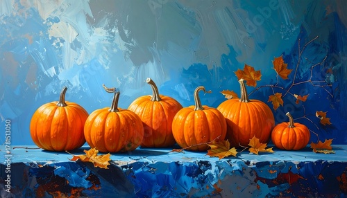 A vibrant autumnal painting showcases a collection of plump, orange gourds arranged against a textured blue backdrop, with falling leaves