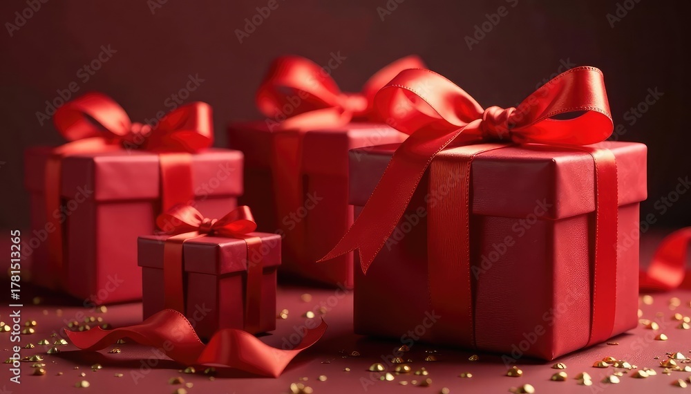 Fototapeta premium Elegant red ribbon tied gift boxes, gold accents, sparkle, art