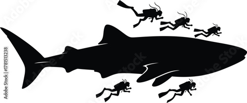 Silhouette illustration of a shark surrounded by scuba divers, creating a striking and dynamic composition