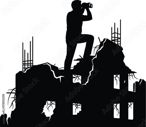 Silhouette of a photographer standing the ruins of a building, capturing a moment of urban decay