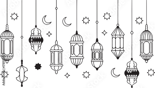 ramadan crescent moon lanterns and stars islamic festival vector layout