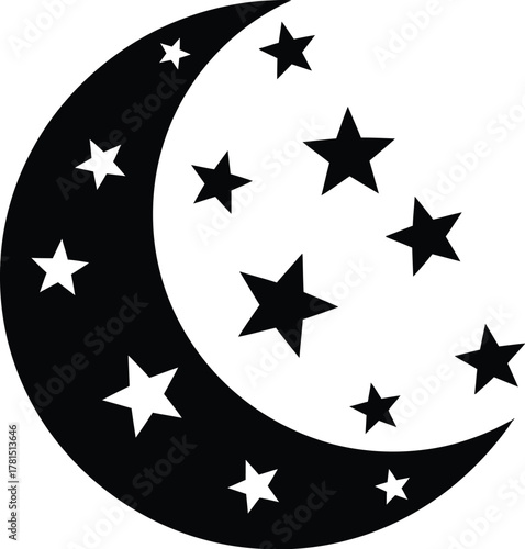Illustration of a crescent moon surrounded by stars, creating a celestial and dreamy atmosphere