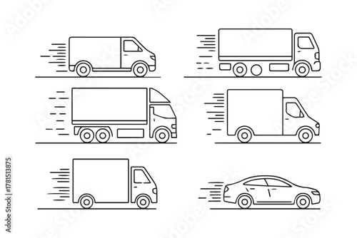 truck van delivery truck semi trailer box truck sedan line art transport vector icon set