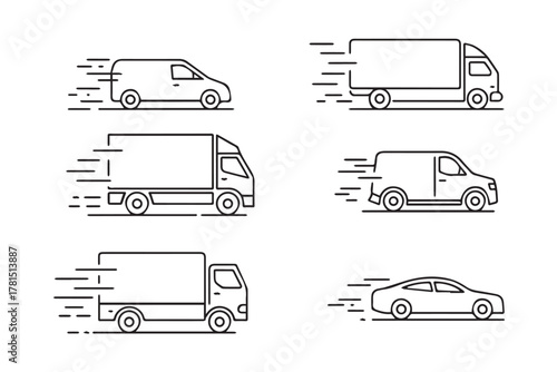 truck delivery van semi truck trailer box truck sedan car motion line art vector illustration