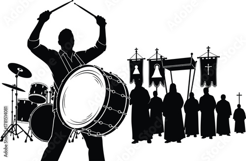 Silhouette of a drummer leading a religious procession, featuring banners, crosses, and robed figures