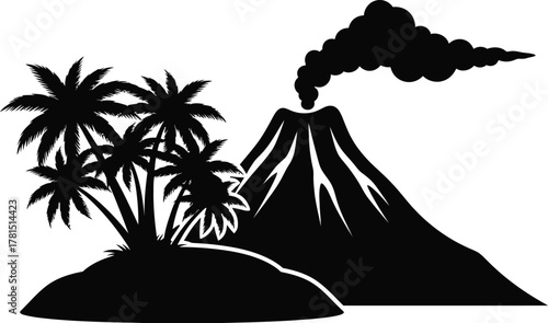 Palm trees a tropical island with a smoking volcano black and vector illustration