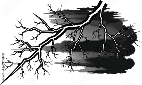 Lightning strike with tree branches black and vector illustration