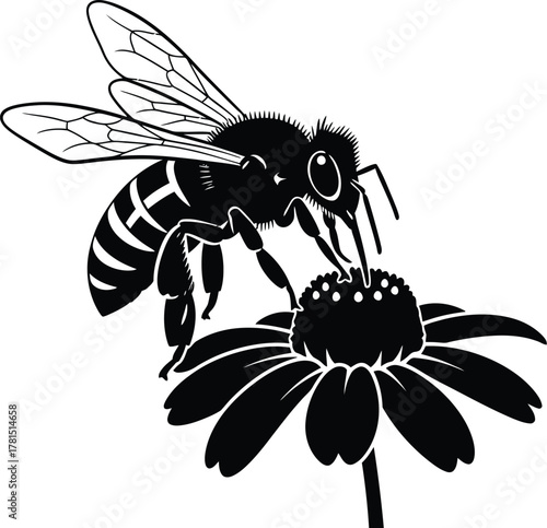 A bee is shown pollinating a flower the bee is black and and the flower is black and