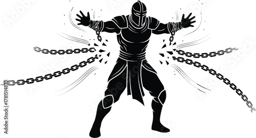 A dark warrior breaks free from his chains he is a powerful and dangerous figure, ready for battle