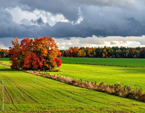A vibrant autumnal scene of a field with a cluster of trees displaying brilliant red foliage set against a dark, stormy sky