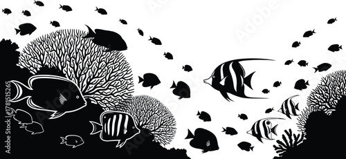 Coral reef with fish, silhouette underwater marine life with tropical fish and coral in black and