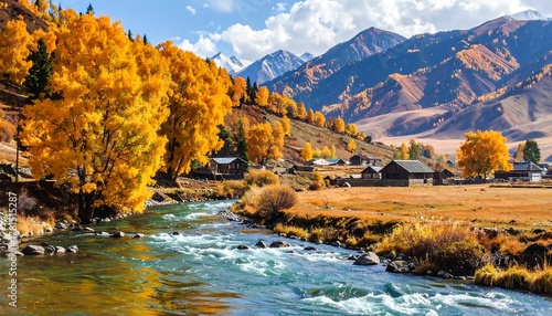 A vibrant autumnal scene of a flowing river winding through a valley, flanked by golden-leaved trees and a village