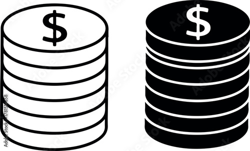 Stack of dollar coins vector icon set in outline and silhouette styles.