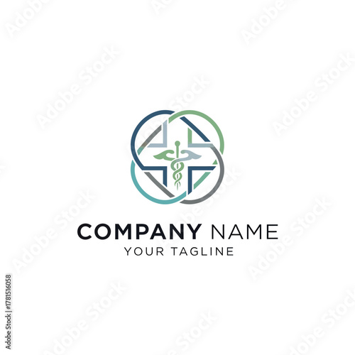 Medical symbol logo design with caduceus and cross shape for healthcare.