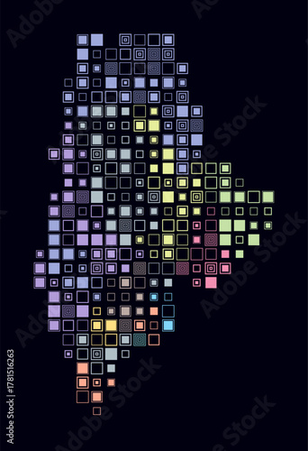 Maine, shape of the state build of colored cells. Digital style map of the Maine on dark background. Large size square blocks. Plain vector illustration.