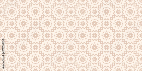 Vector seamless pattern with ethnic Islamic geometric ornament. Oriental floral stars and zigzag tiles texture. Asian arabesque background design. Beige decorative wallpaper for textile, fabric, wrap