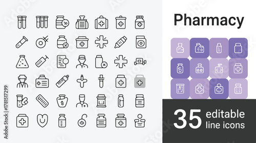 35 Editable Line Icons for Pharmacy and Healthcare Keywords: pharmacy, icon, editable, line, healthcare, medical, medicine, drug, pill, bottle