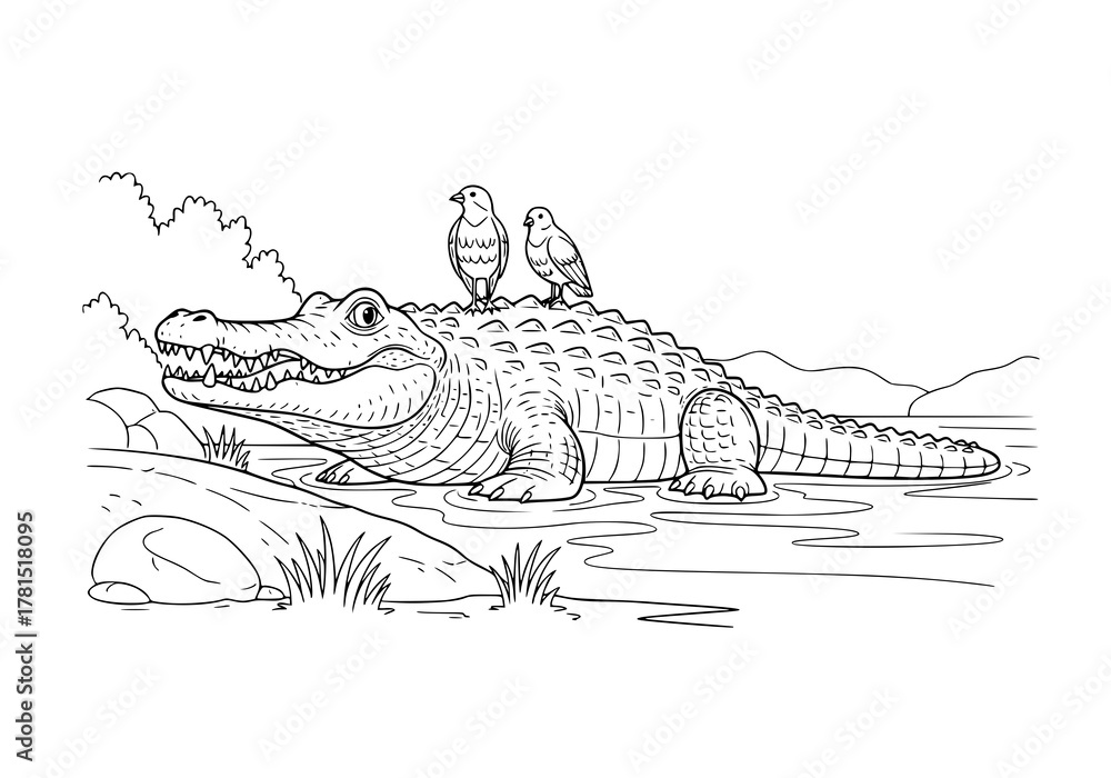 Naklejka premium A detailed line art drawing of a large alligator with two small birds on its back, resting in water near a grassy bank with hills in the background.