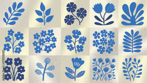 Collage of blue floral and leaf motifs on a textured beige background Keywords: blue, floral, leaf, motif, collage, botanical, illustration