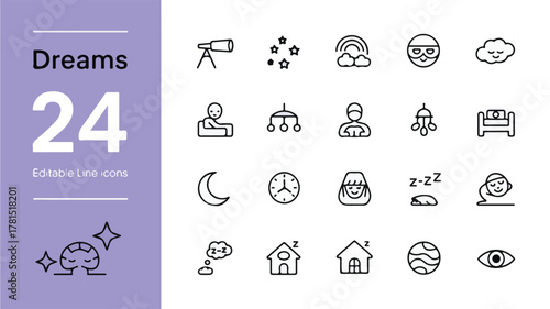 Collection of 24 Editable Line Icons Depicting Dreams, Sleep, and Associated Concepts with Adjustable Lines