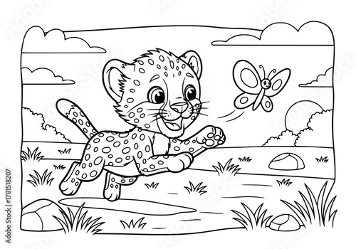 A cute baby cheetah cub playing with a butterfly in a savanna landscape, black and white outline drawing for coloring.