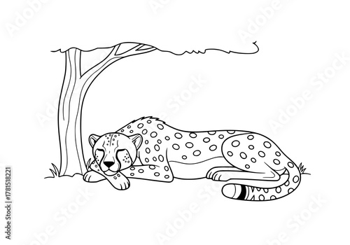 A black and white line art illustration of a cheetah sleeping peacefully under a tree, designed as a coloring page.