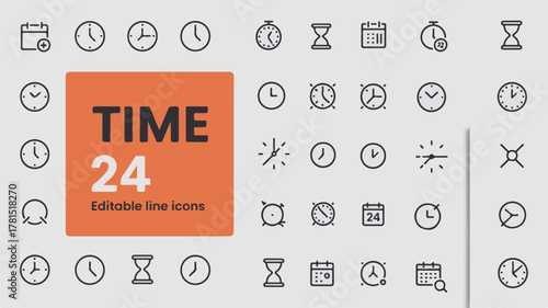 Collection of 24 Editable Line Icons Related to Time and Clocks Keywords: icons, time, clock, watch, hourglass, calendar, date, schedule, deadline