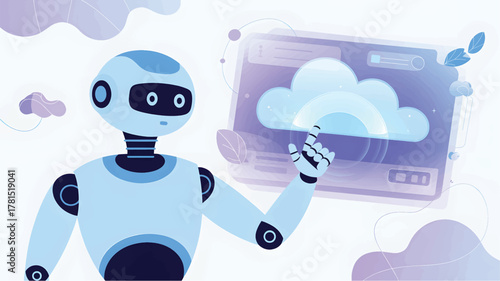 Light blue robot touches glowing cloud on digital screen