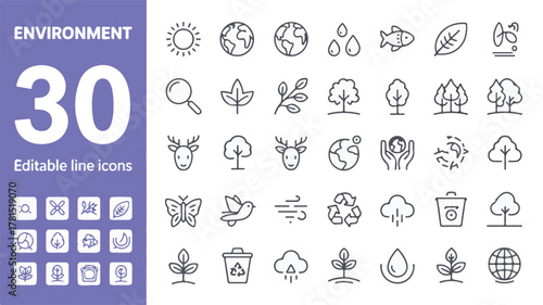 Environment Editable Line Icons Set with 30 Symbols Keywords: environment, nature, ecology, sustainability, conservation, earth, sun, water, fish