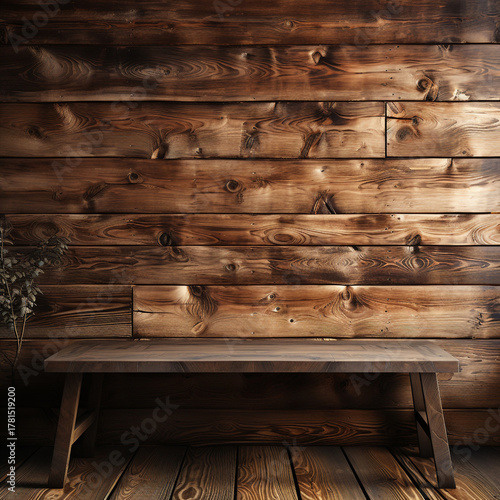 Wooden wall with a wooden table in front of it, wooden floor, rustic setting.