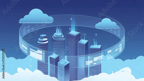 Futuristic city skyline with digital interface and clouds
