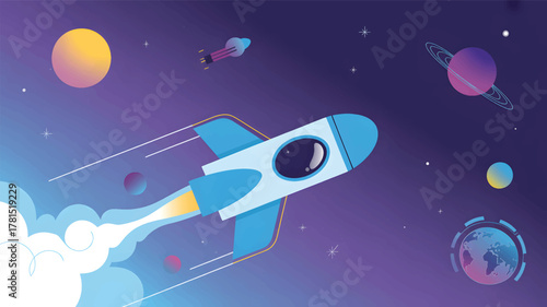 Blue rocket ship flying through purple space with planets