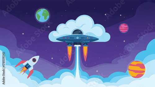 Blue spaceship and rocket flying through space clouds