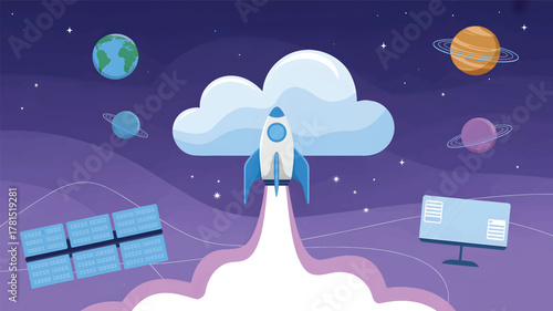 Rocket launch from Earth into starry purple space with planets