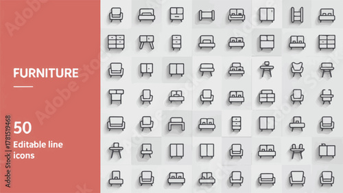Furniture 50 Editable Line Icons For Interior Design And Home Decor Keywords: furniture, icons, set, interior design, home decor, sofa, armchair