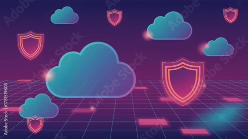 Blue clouds and orange shields on a grid background