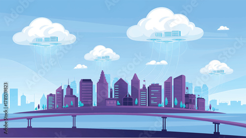 Futuristic city skyline with data clouds and bridge