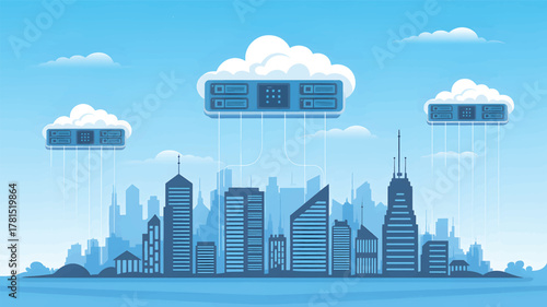Cloud servers connected to blue city skyline illustration