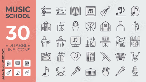 Music School Line Icons Set With 30 Icons And Orange Header Keywords: music, school, icons, education, learning, instruments, notes, treble, clef