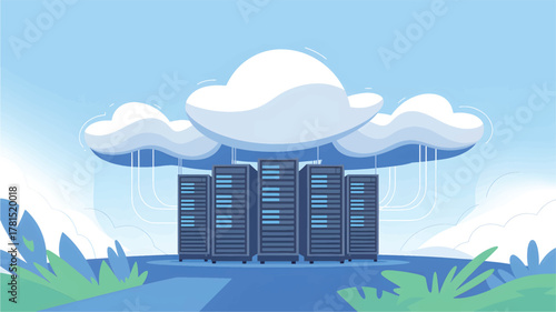 Server racks connected to stylized clouds on blue background