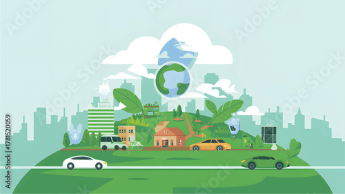 Green city with electric cars and earth globe urban