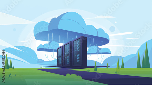 Server racks connected to abstract blue cloud shapes in a landscape