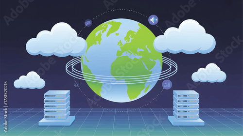 Earth surrounded by clouds and data servers globe planet