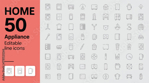 Set of 50 editable line icons for home appliances and kitchen electronics washing machine