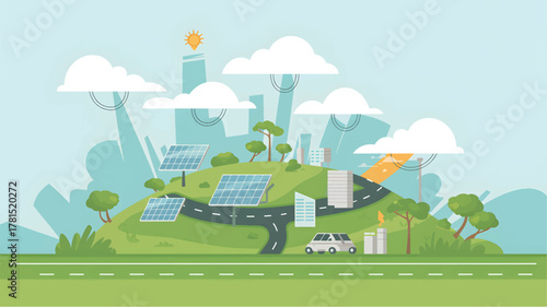 Green city landscape with solar panels and electric car