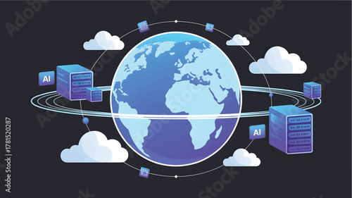 Global network connection with A I servers and cloud icons