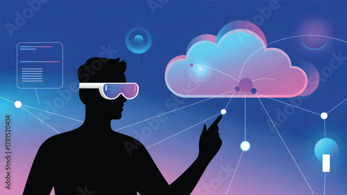 Man in V R headset interacting with digital cloud data