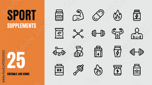 Sport Supplements Line Icons Set With Dumbbells And Muscle fitness workout