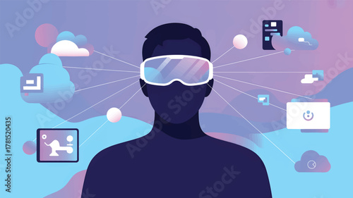 Person wearing V R headset connecting to digital cloud data